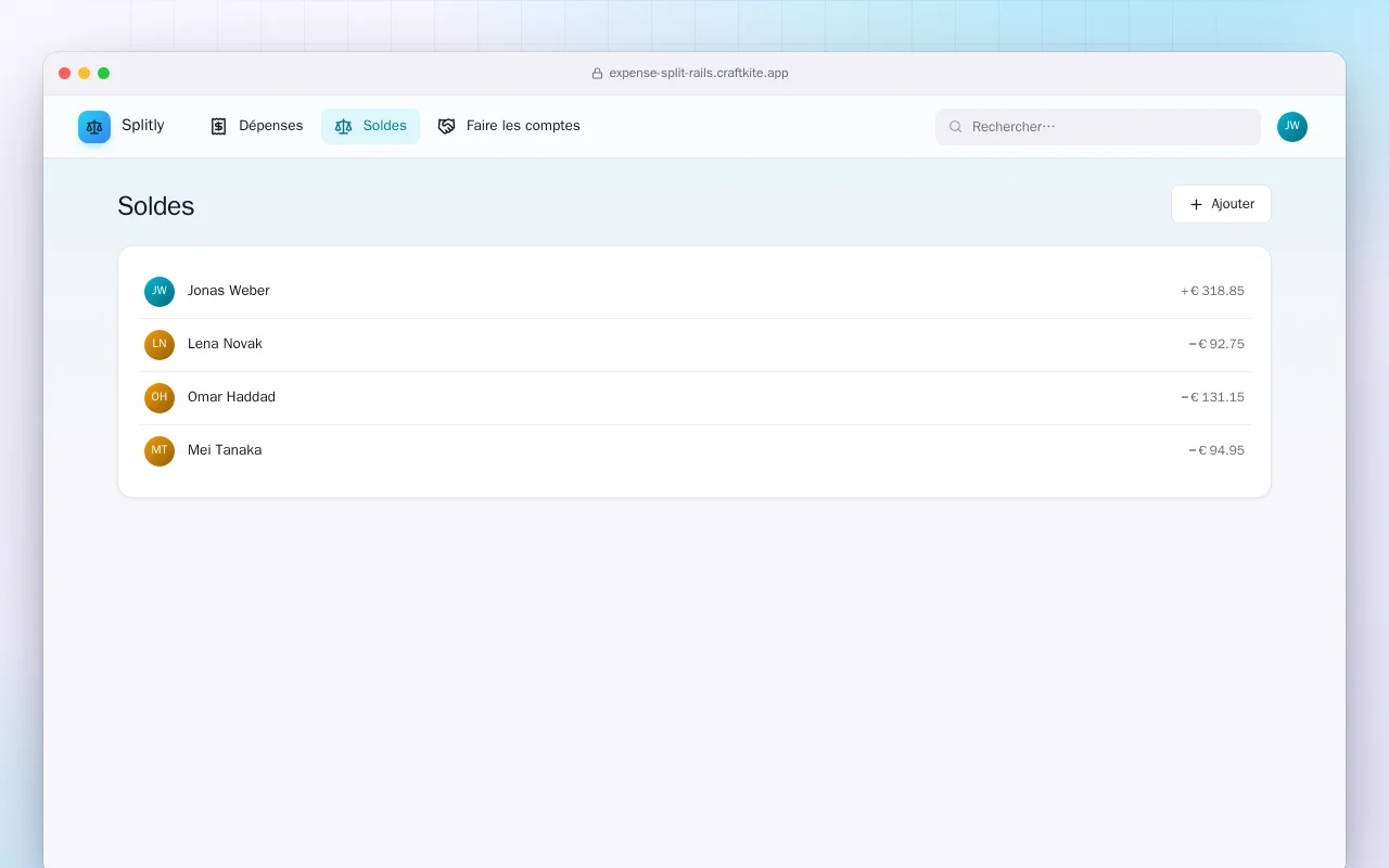 Dépenses partagées (Rails) : l’écran Soldes
