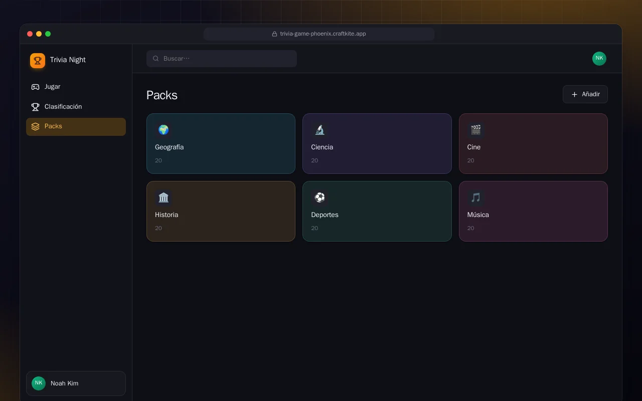 Noche de trivia (Phoenix): la pantalla Packs