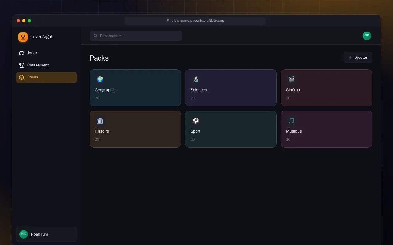 Soirée quiz (Phoenix) : l’écran Packs