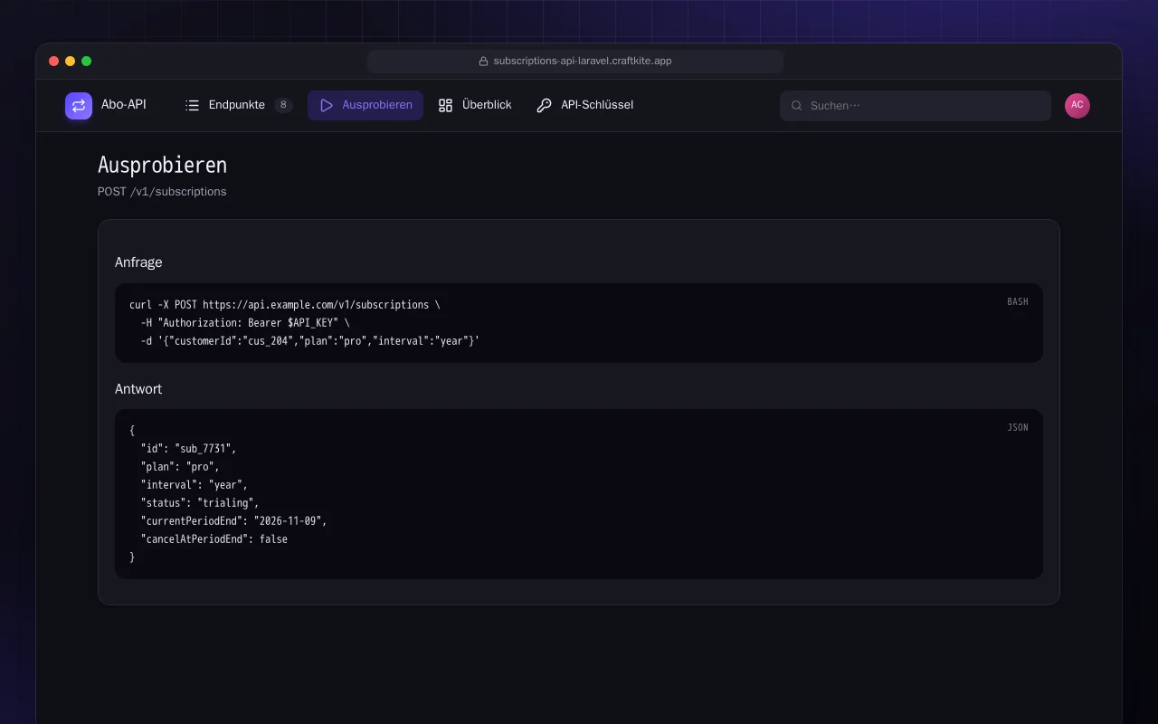 Abo-API (Laravel): der Bildschirm „Ausprobieren“