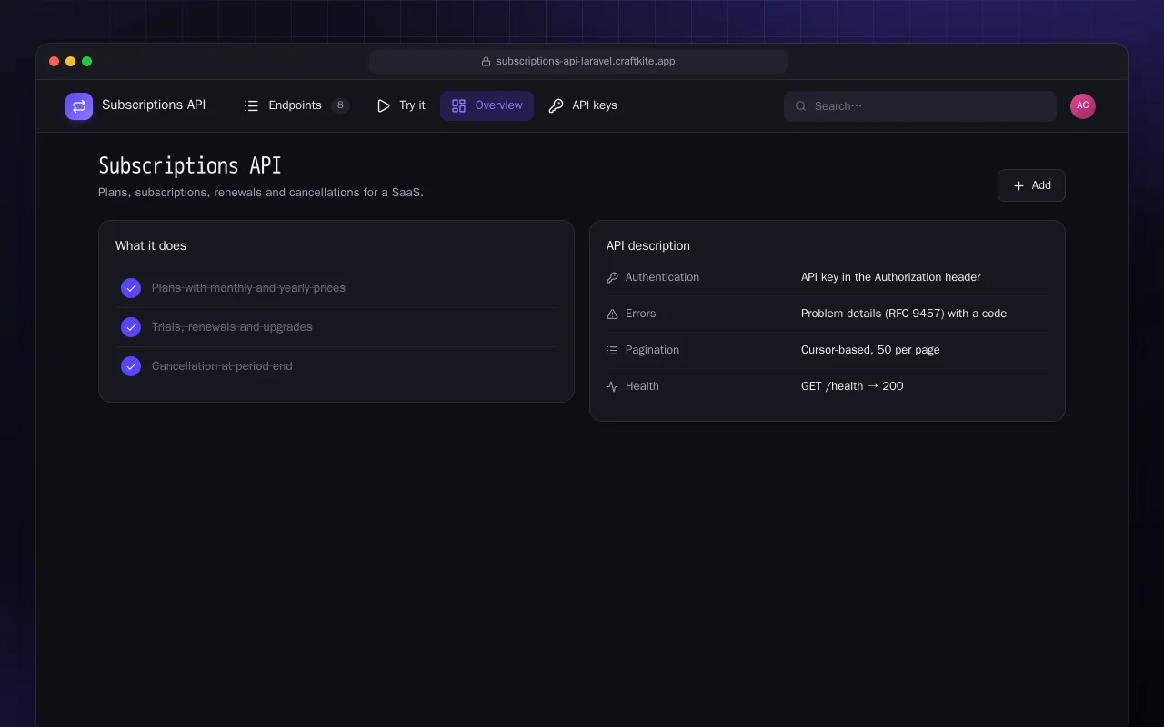 Subscriptions API (Laravel): the Subscriptions API screen