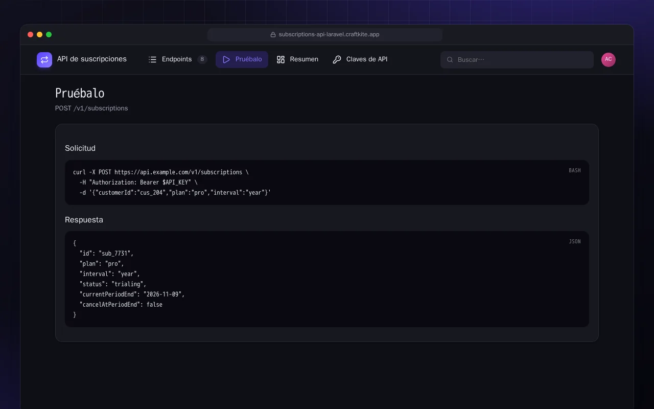 API de suscripciones (Laravel): la pantalla Pruébalo