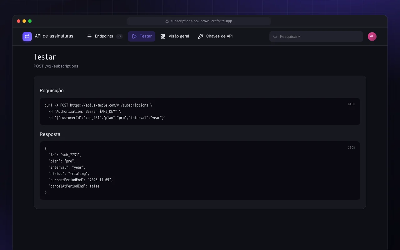 API de assinaturas (Laravel): a tela Testar