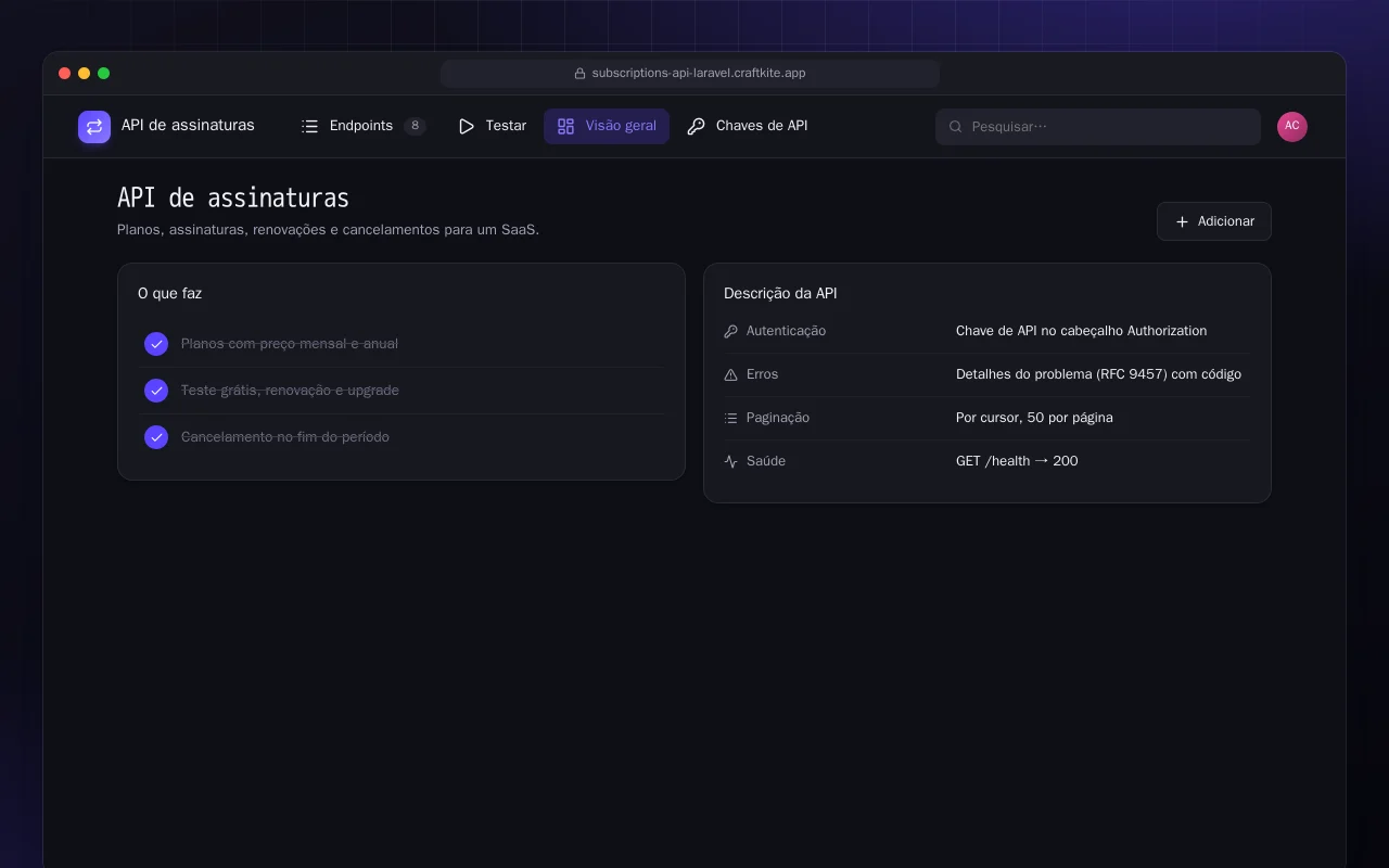 API de assinaturas (Laravel): a tela API de assinaturas