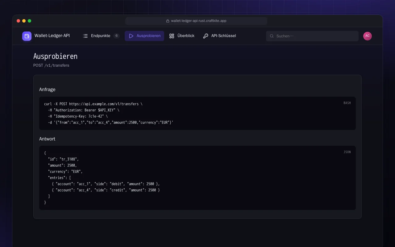 Wallet-Ledger-API (Rust): der Bildschirm „Ausprobieren“