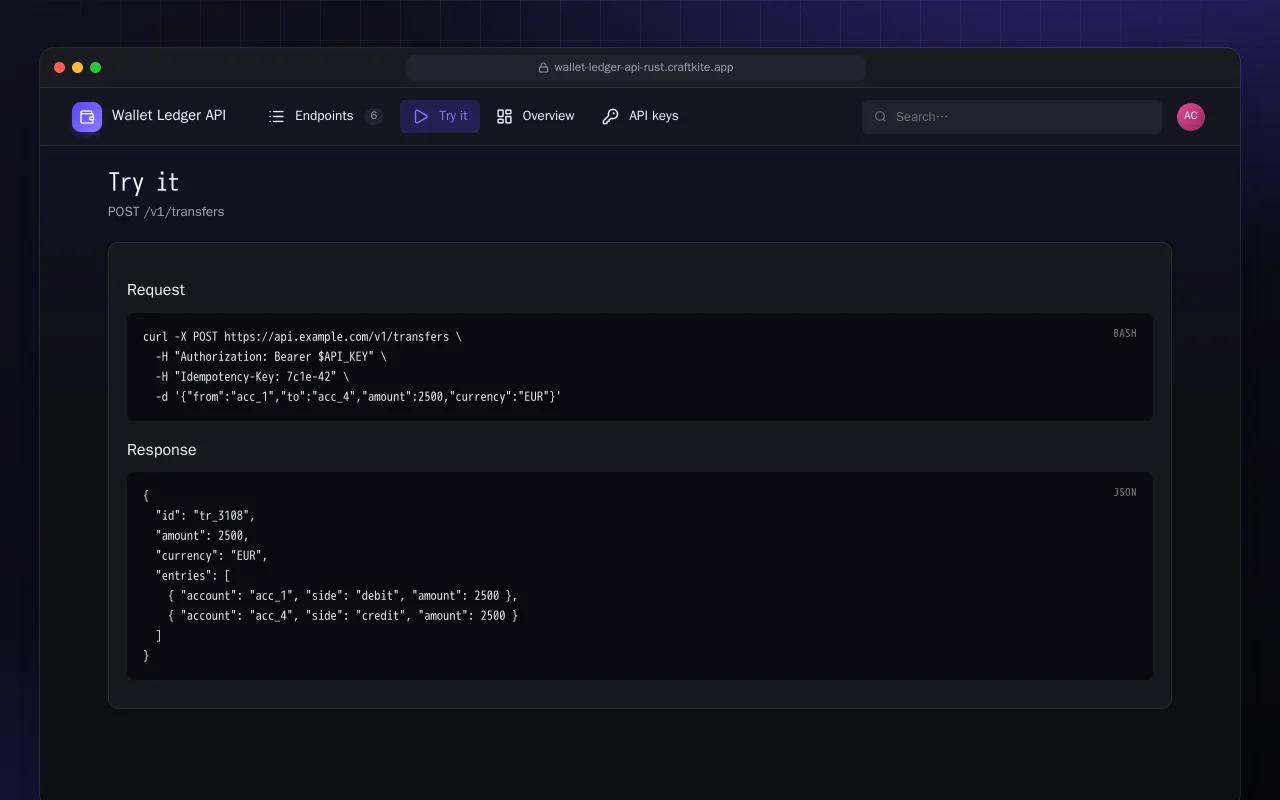 Wallet Ledger API (Rust): the Try it screen
