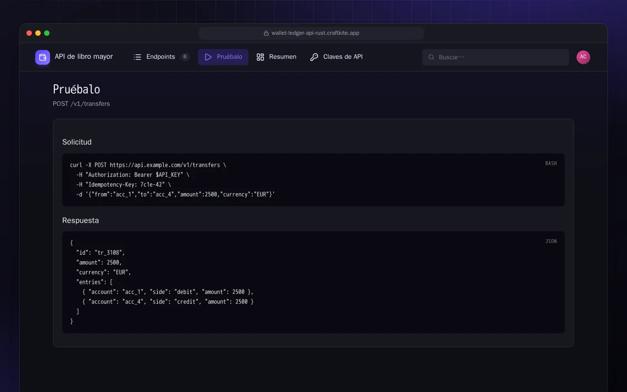 API de libro mayor (Rust): la pantalla Pruébalo