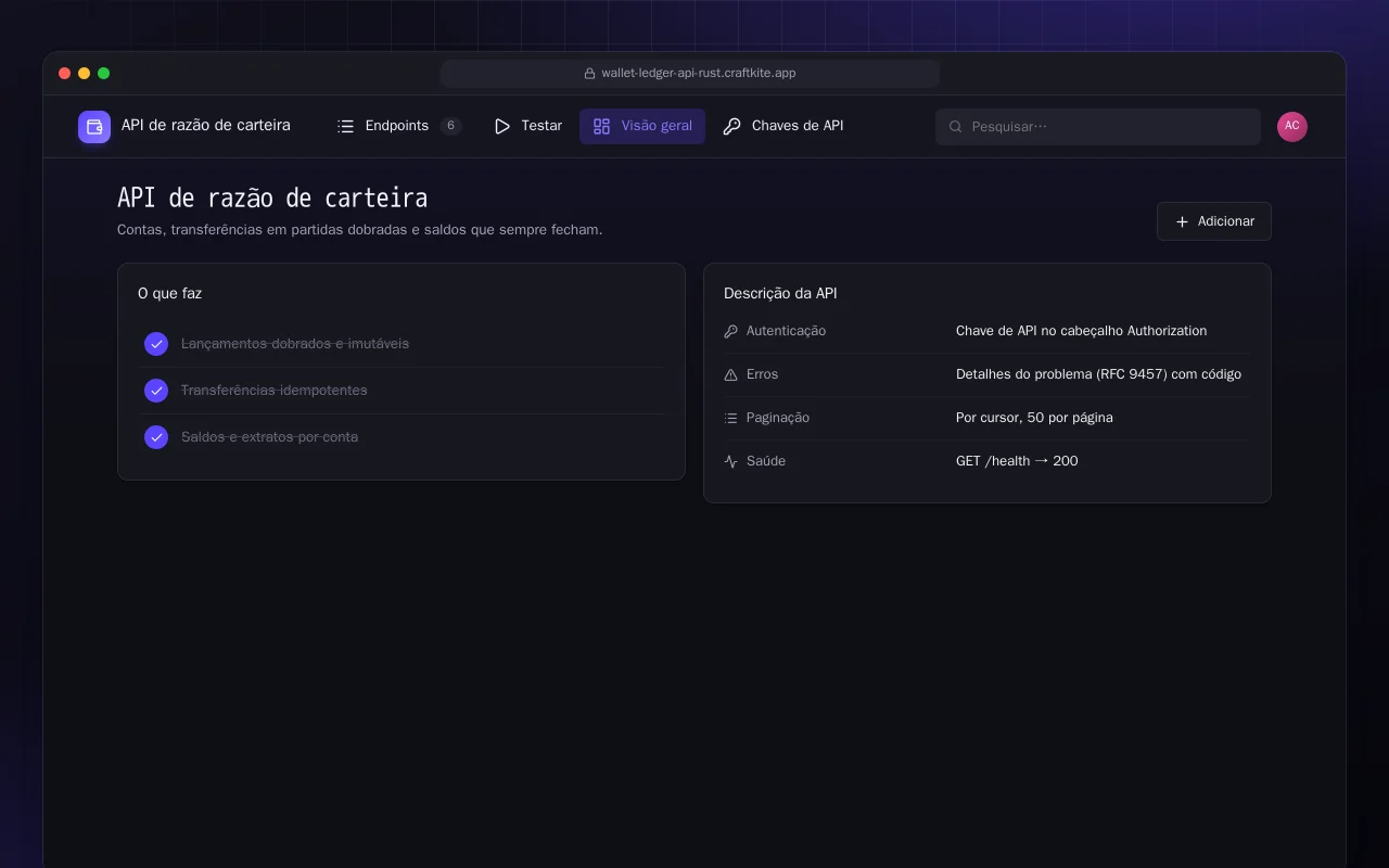 API de razão de carteira (Rust): a tela API de razão de carteira