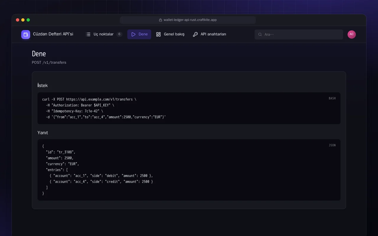 Cüzdan Defteri API’si (Rust): Dene ekranı