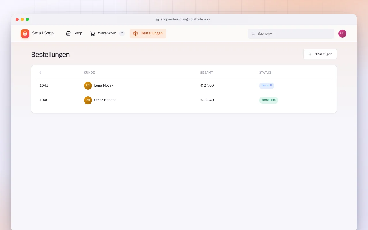 Kleiner Shop mit Bestellungen (Django): der Bildschirm „Bestellungen“