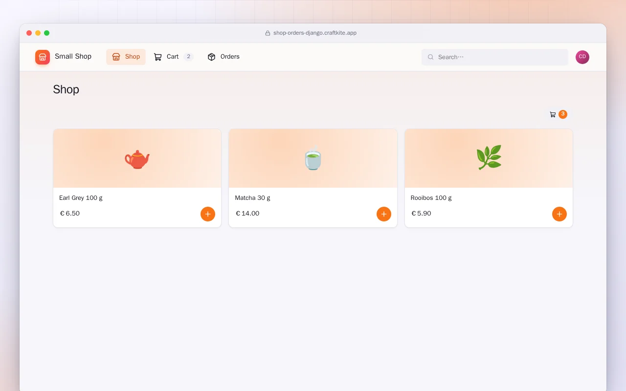 Small Shop with Orders (Django): the Shop screen
