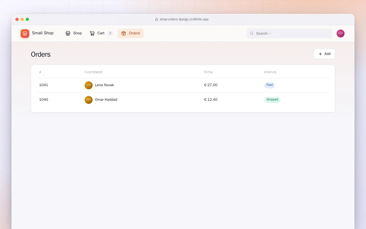 Small Shop with Orders (Django): the Orders screen