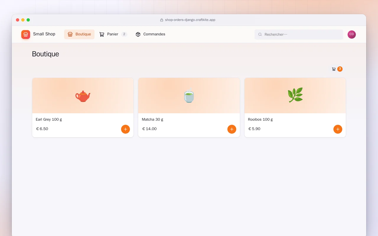 Petite boutique avec commandes (Django) : l’écran Boutique