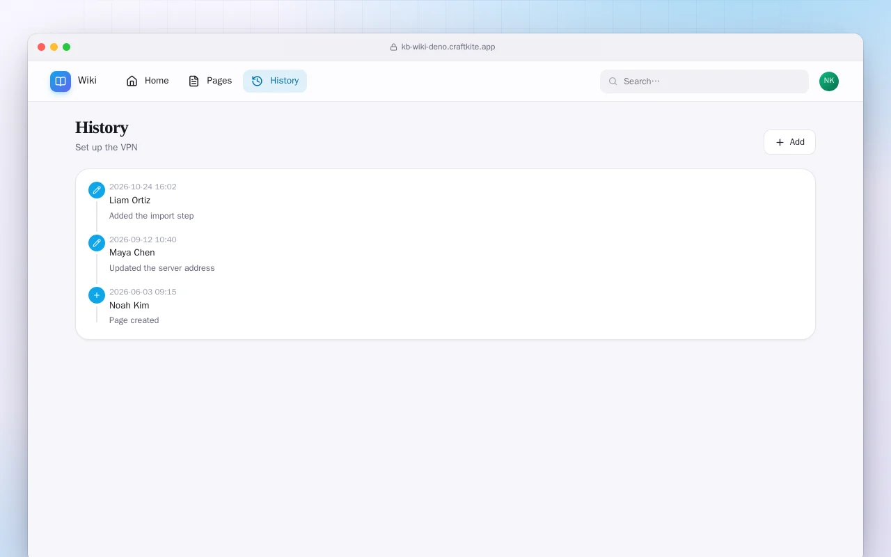 Team Wiki (Deno): the History screen