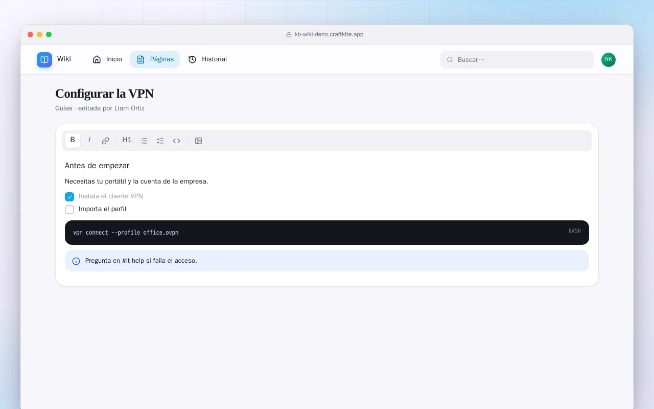 Wiki del equipo (Deno): la pantalla Configurar la VPN
