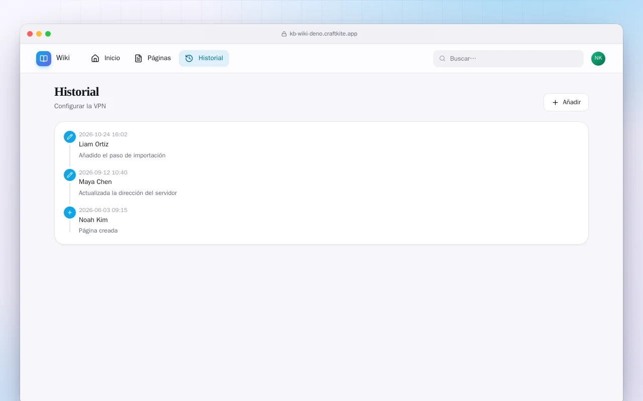 Wiki del equipo (Deno): la pantalla Historial