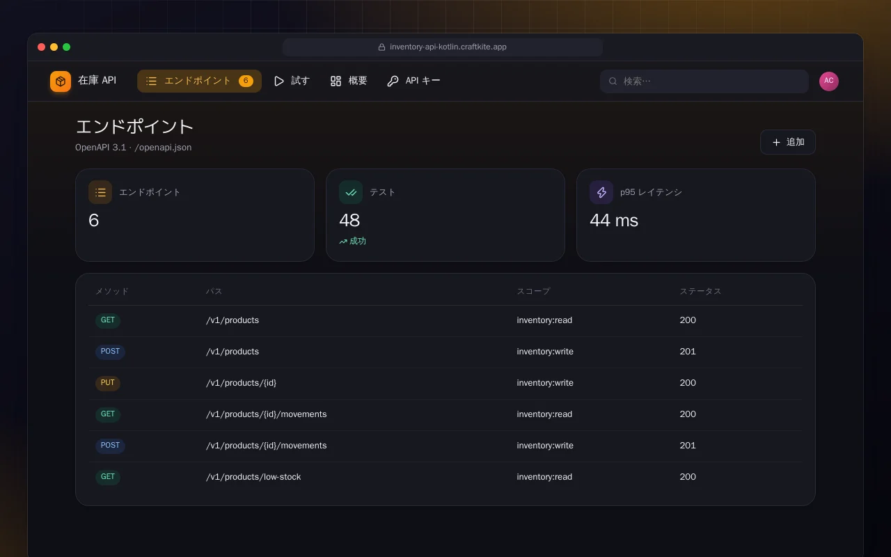 在庫 API（Kotlin + Spring Boot）：エンドポイント画面