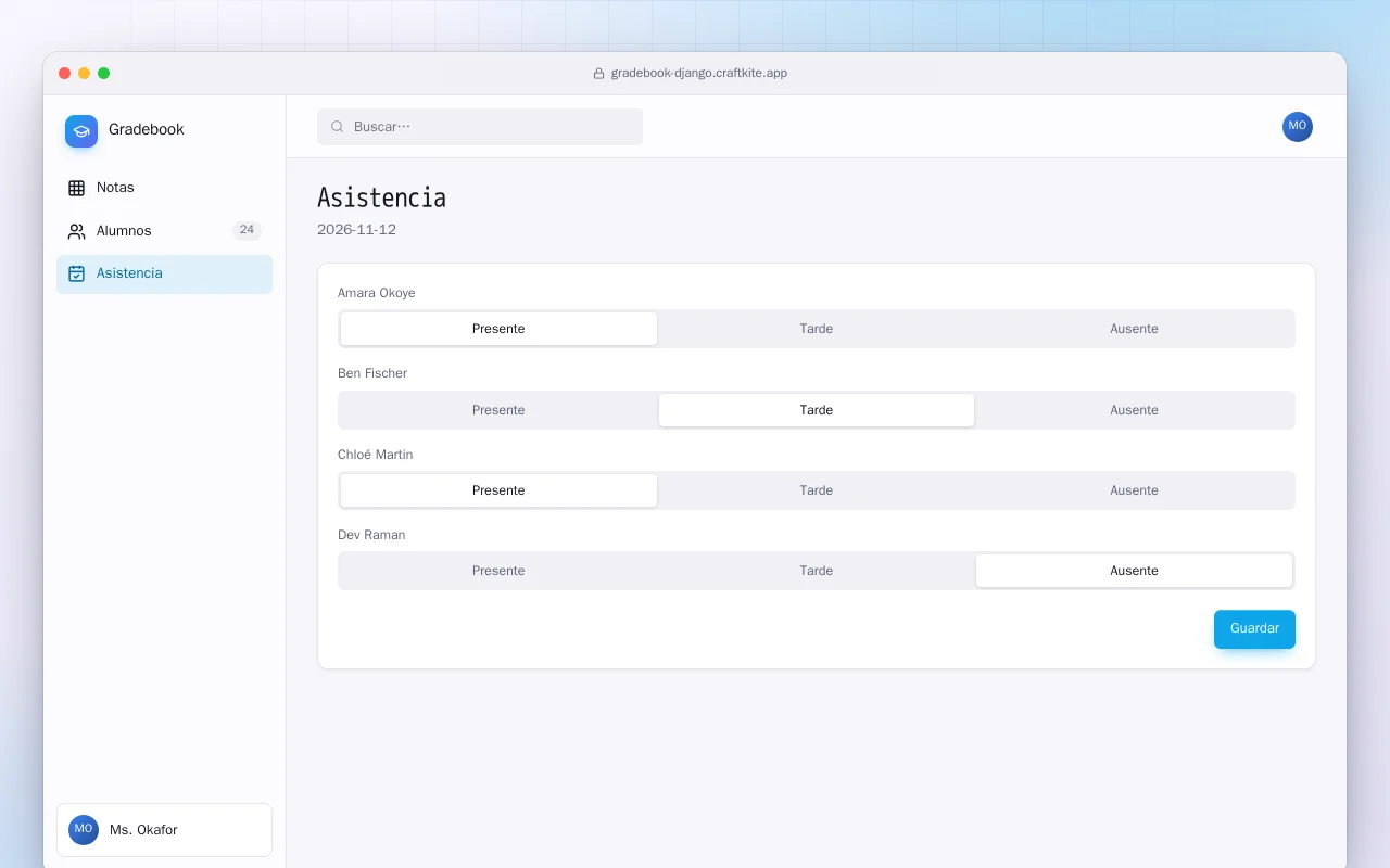 Cuaderno de notas (Django): la pantalla Asistencia