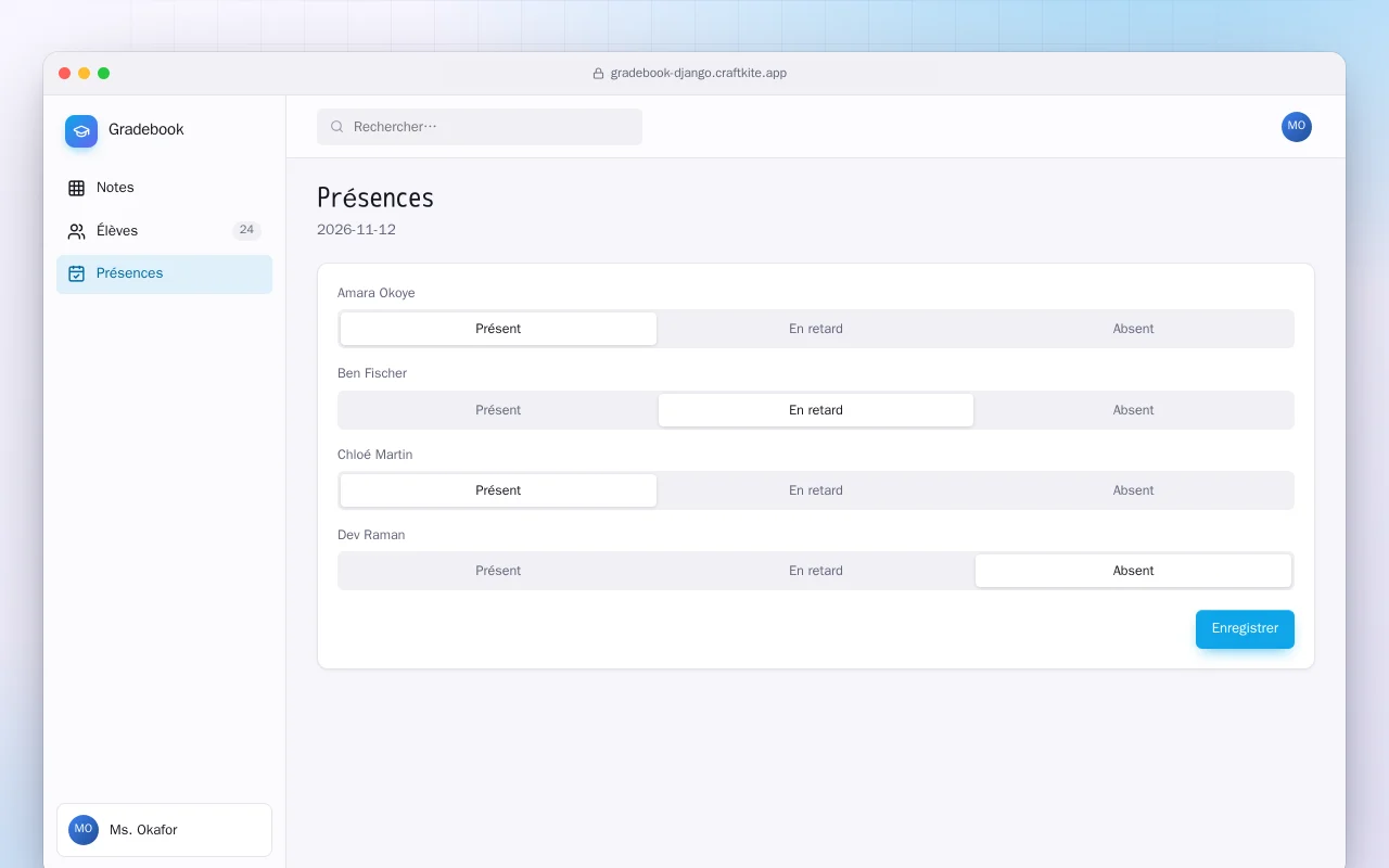 Carnet de notes (Django) : l’écran Présences
