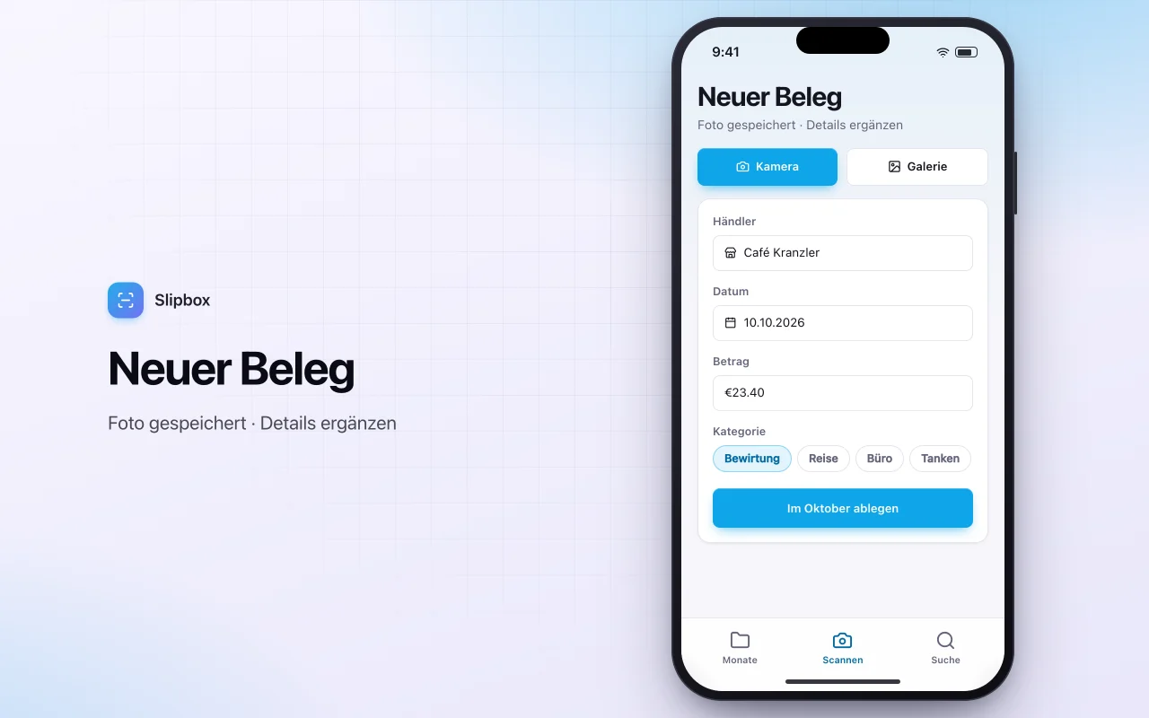 Belegorganizer: der Bildschirm „Neuer Beleg“
