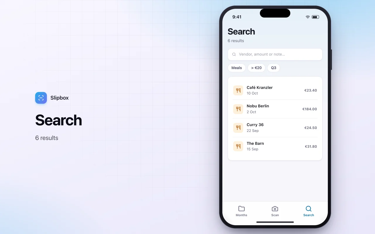 Receipt organizer: the Search screen