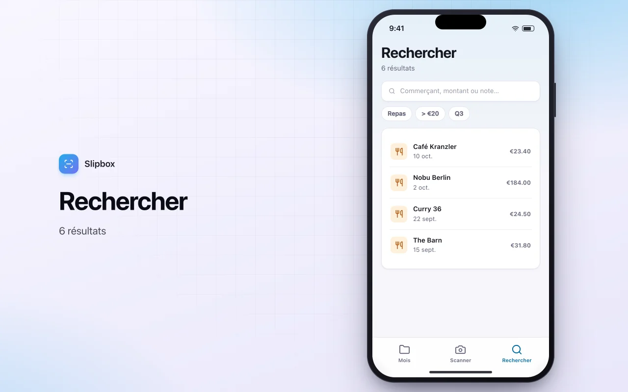 Organiseur de reçus : l’écran Rechercher
