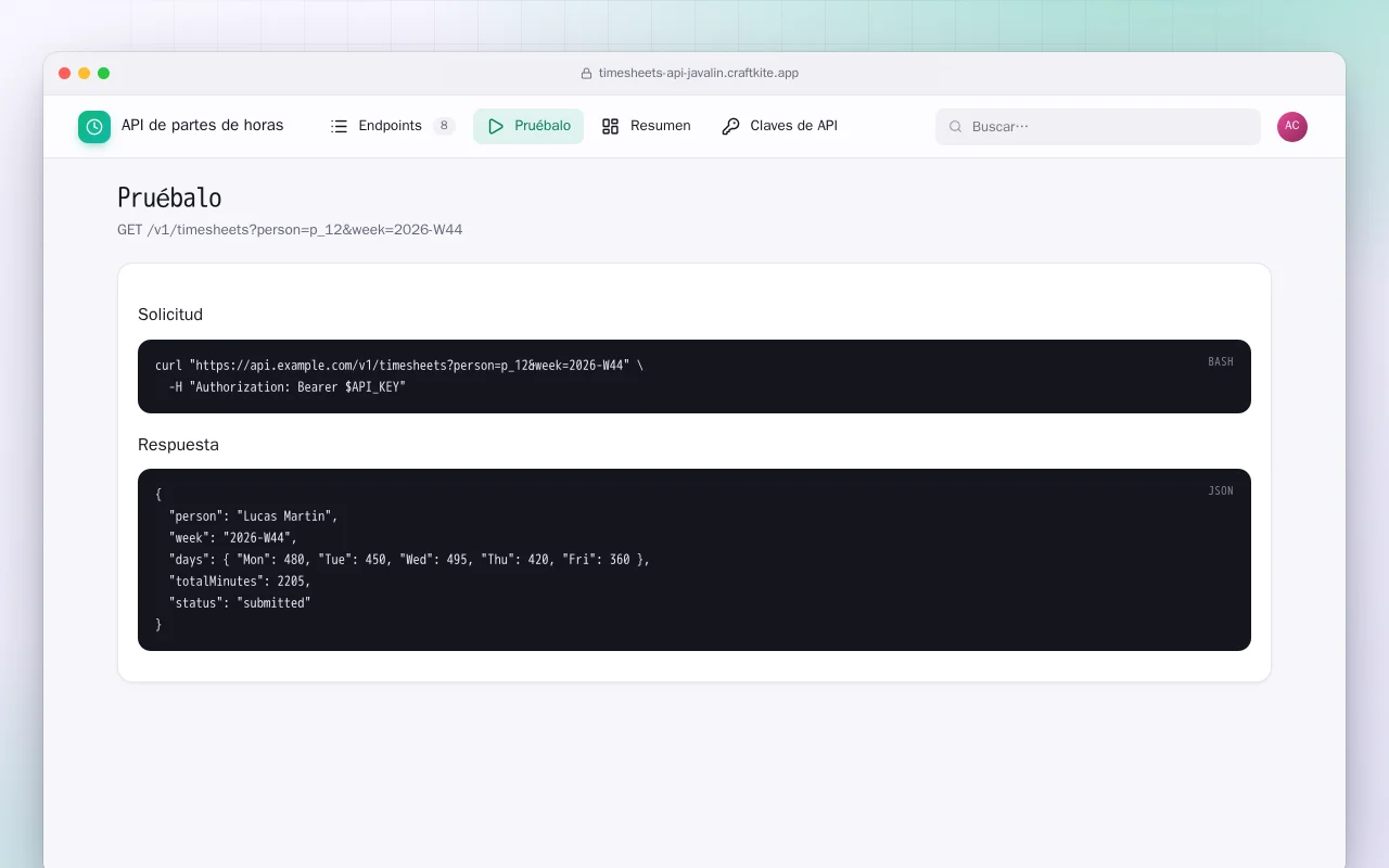 API de partes de horas (Java): la pantalla Pruébalo