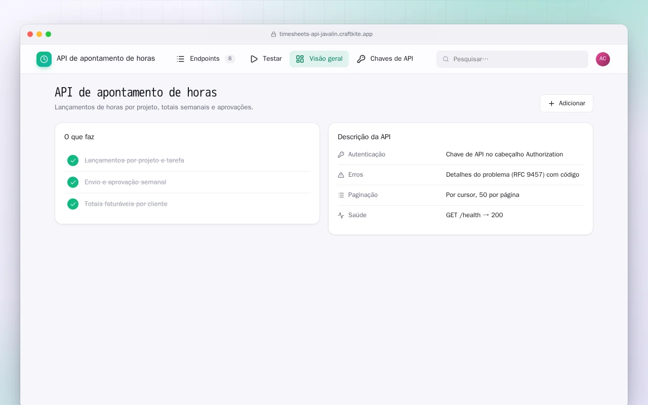 API de apontamento de horas (Java): a tela API de apontamento de horas