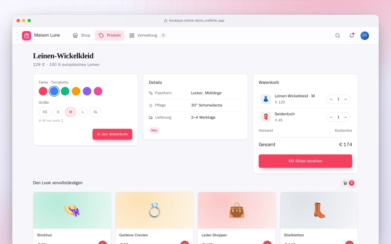 Boutique-Onlineshop: der Bildschirm „Leinen-Wickelkleid“