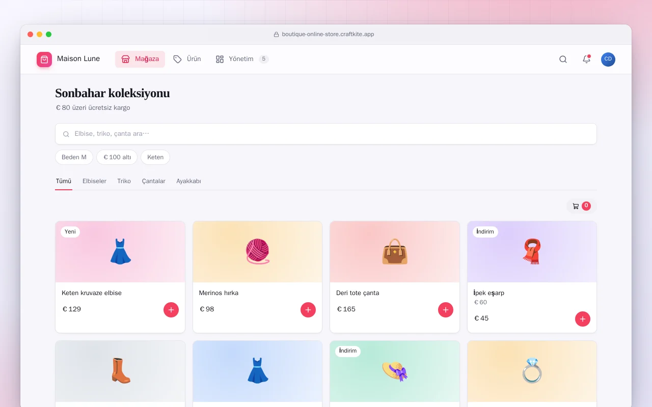 Butik online mağaza: Sonbahar koleksiyonu ekranı