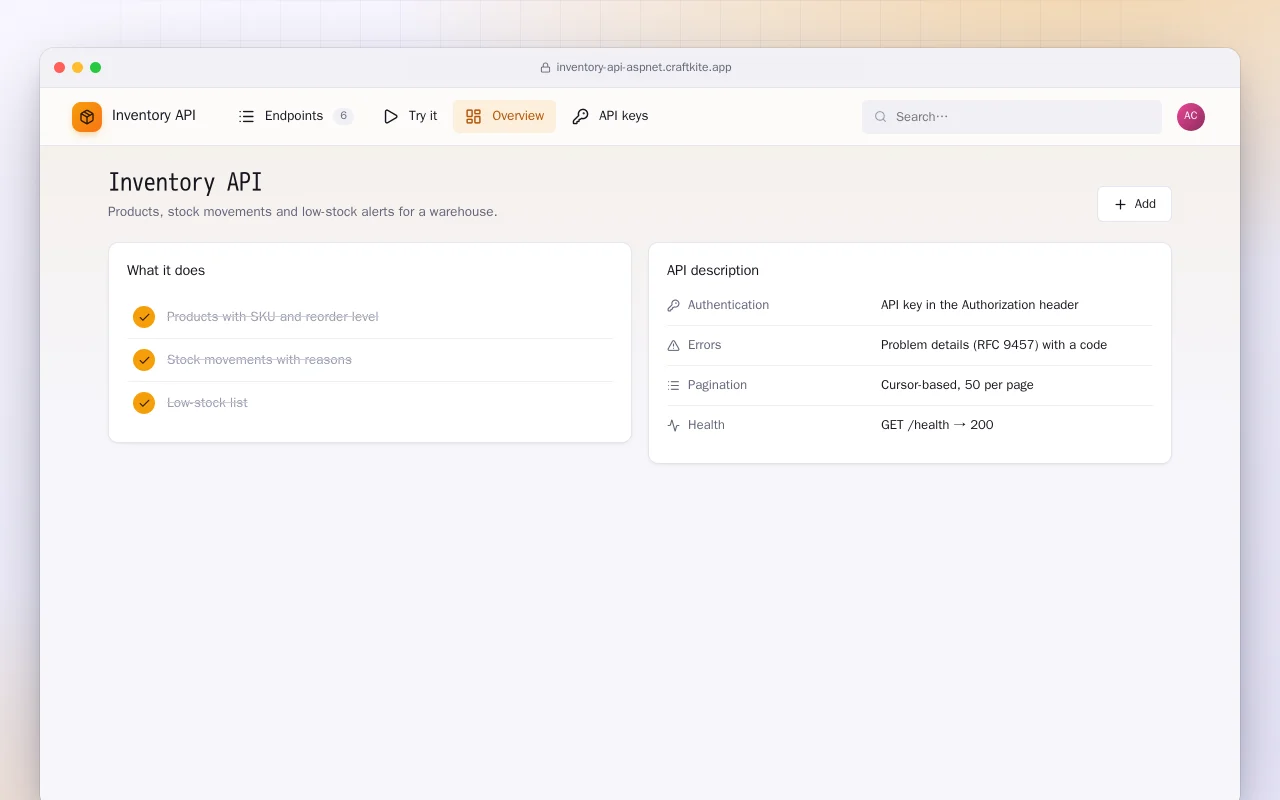 Inventory API (ASP.NET Core): the Inventory API screen