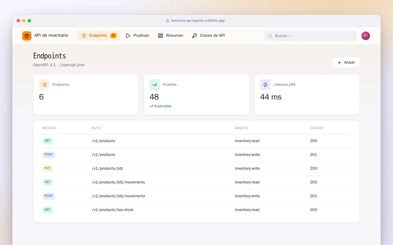 API de inventario (ASP.NET Core): la pantalla Endpoints