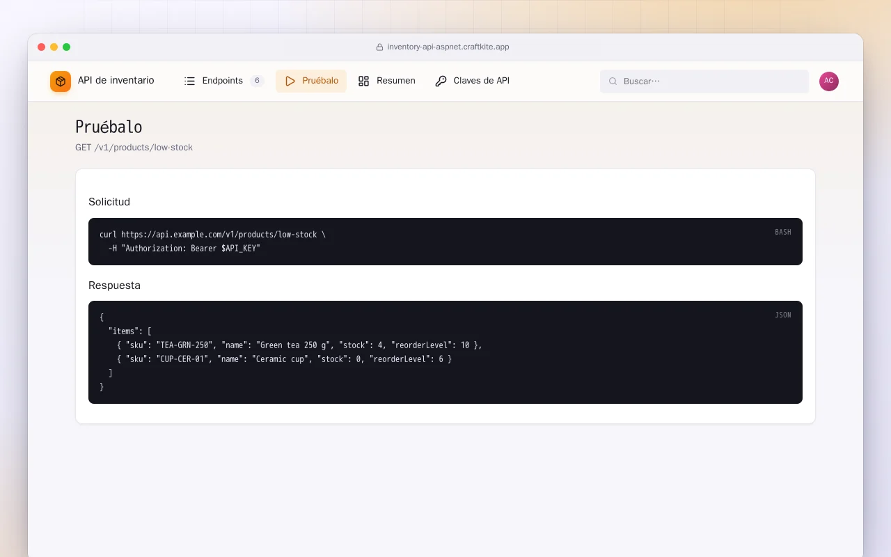 API de inventario (ASP.NET Core): la pantalla Pruébalo