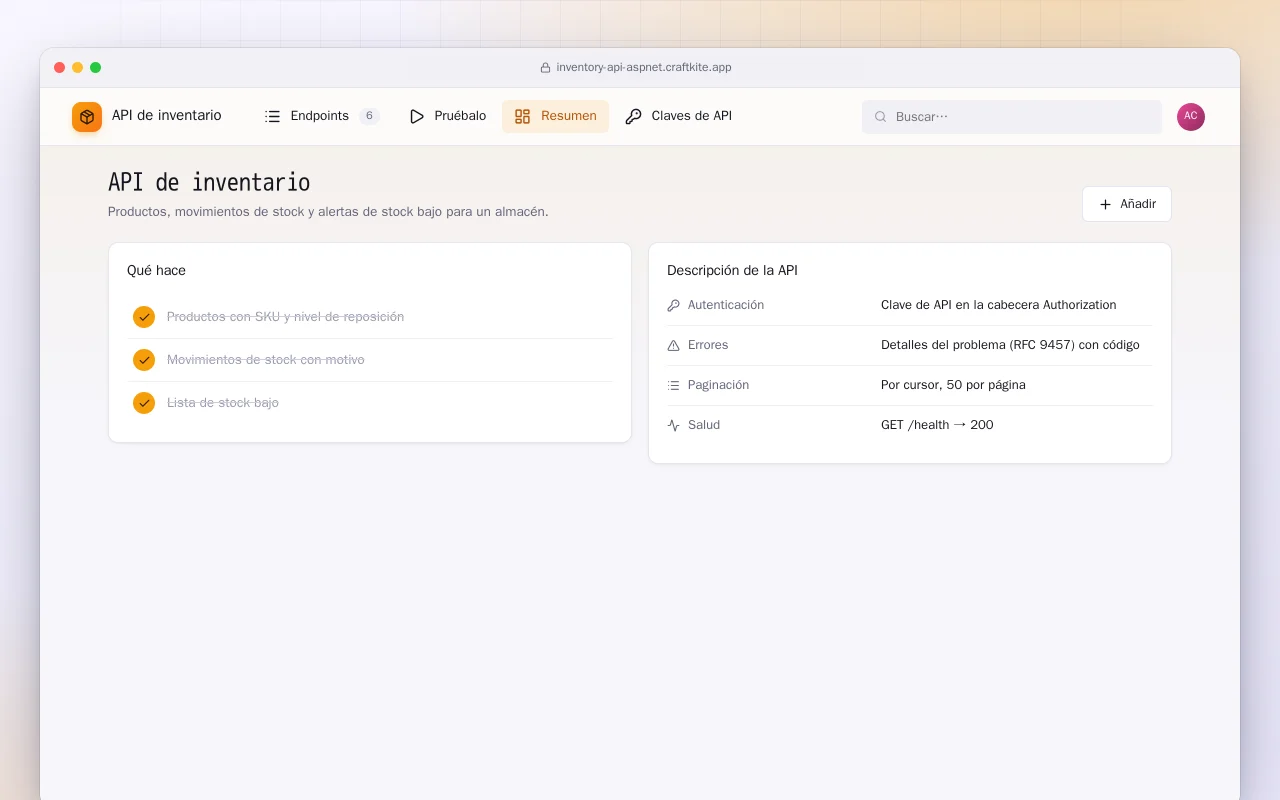 API de inventario (ASP.NET Core): la pantalla API de inventario