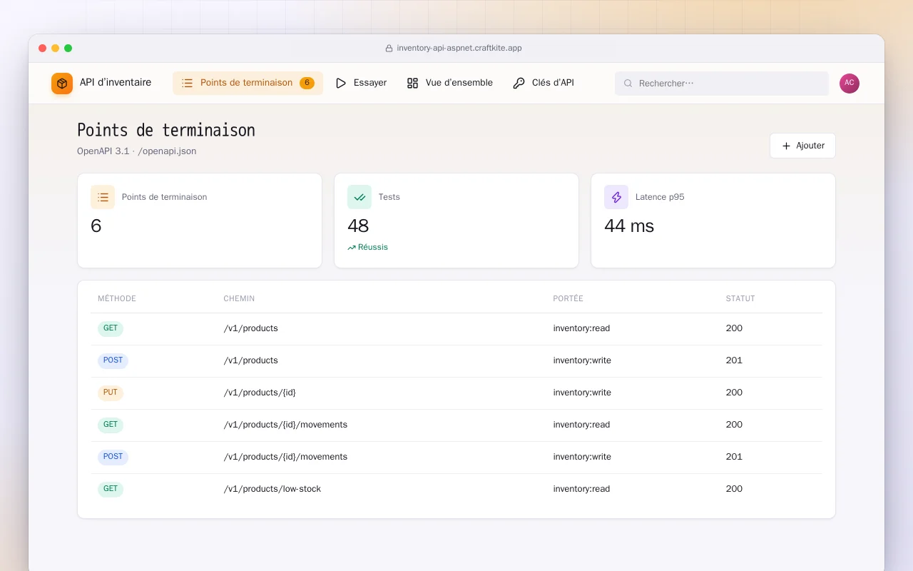 API d’inventaire (ASP.NET Core) : l’écran Points de terminaison