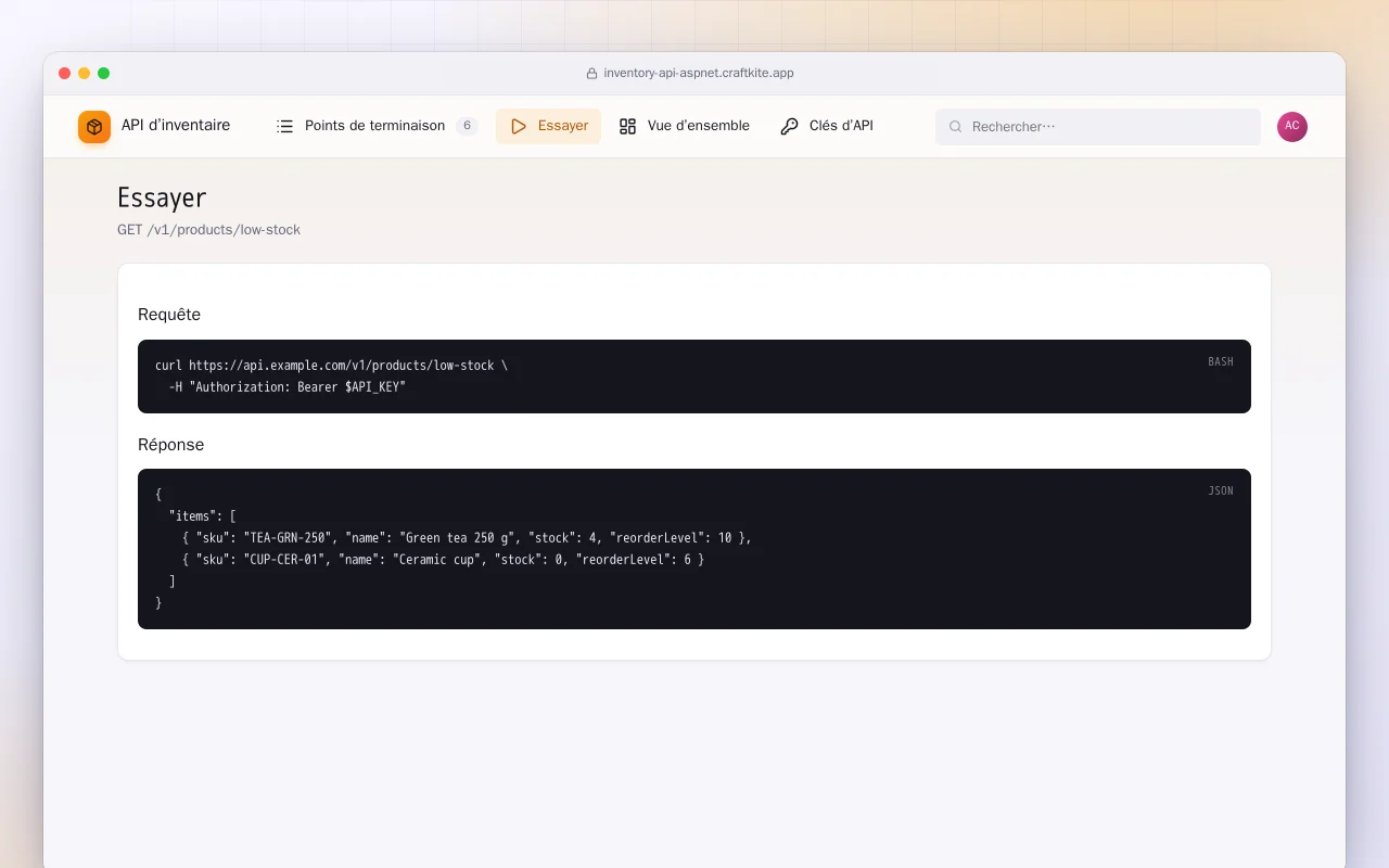 API d’inventaire (ASP.NET Core) : l’écran Essayer