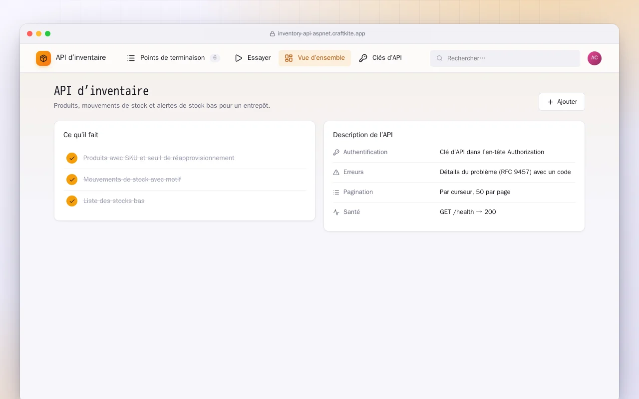 API d’inventaire (ASP.NET Core) : l’écran API d’inventaire