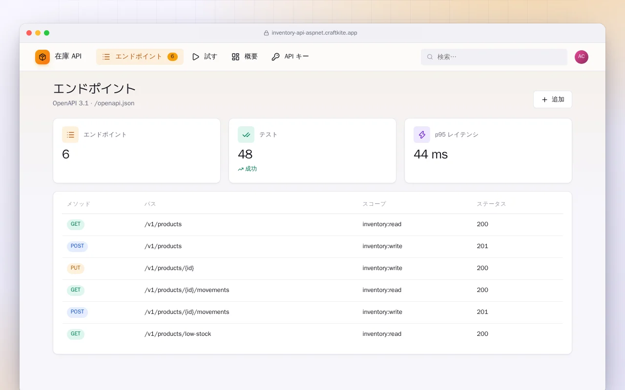 在庫 API（ASP.NET Core）：エンドポイント画面