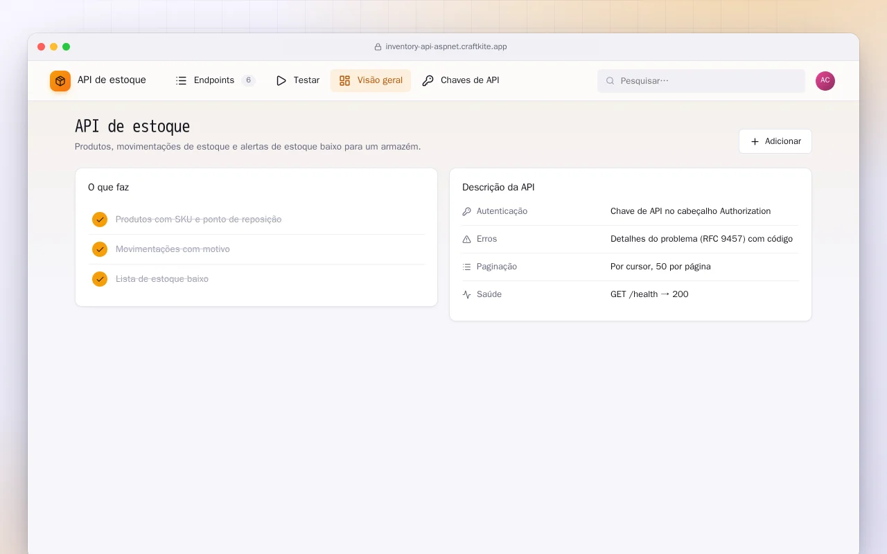 API de estoque (ASP.NET Core): a tela API de estoque