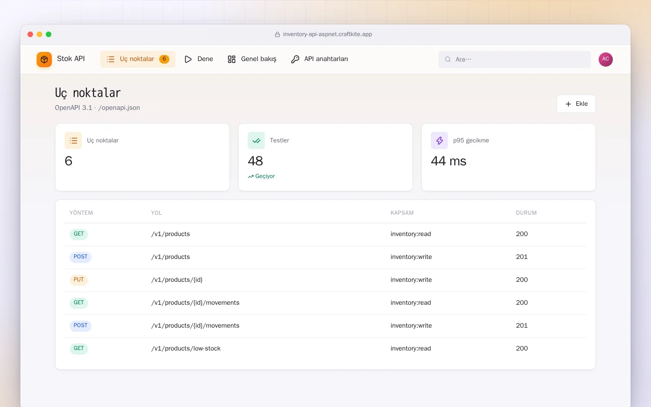 Stok API (ASP.NET Core): Uç noktalar ekranı