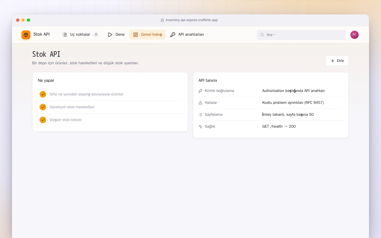 Stok API (ASP.NET Core): Stok API ekranı