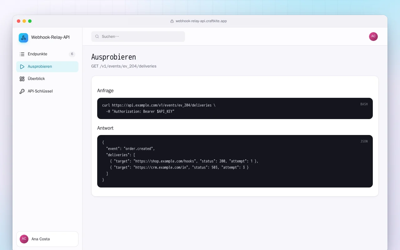 Webhook-Relay-API: der Bildschirm „Ausprobieren“