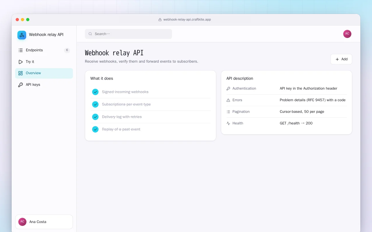Webhook relay API: the Webhook relay API screen