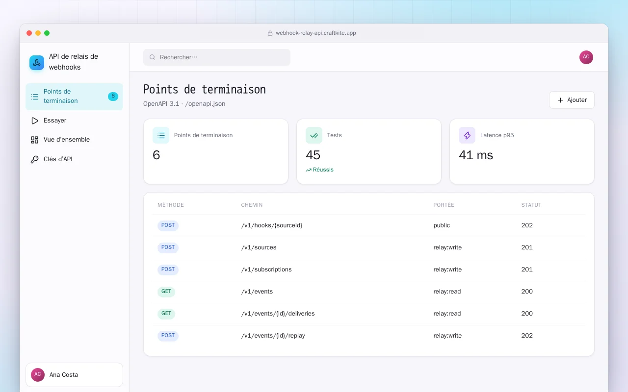 API de relais de webhooks : l’écran Points de terminaison