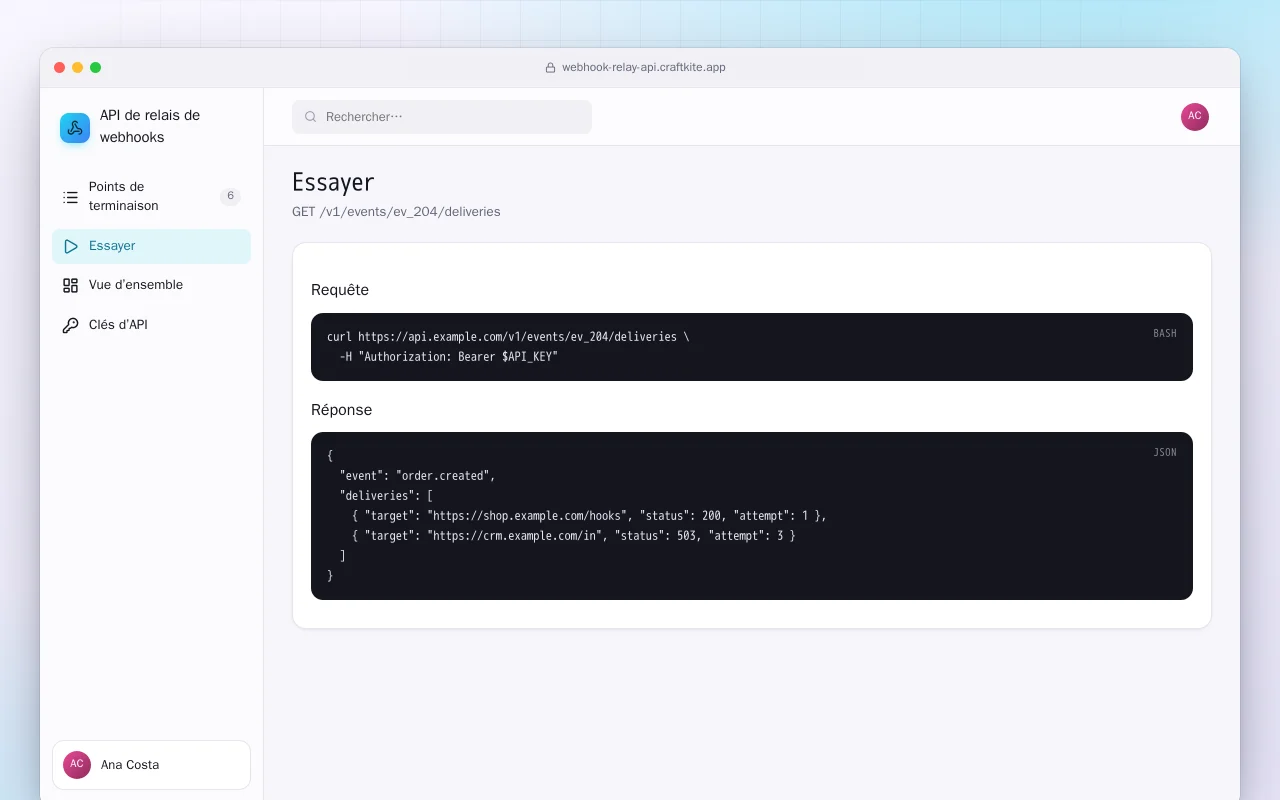API de relais de webhooks : l’écran Essayer