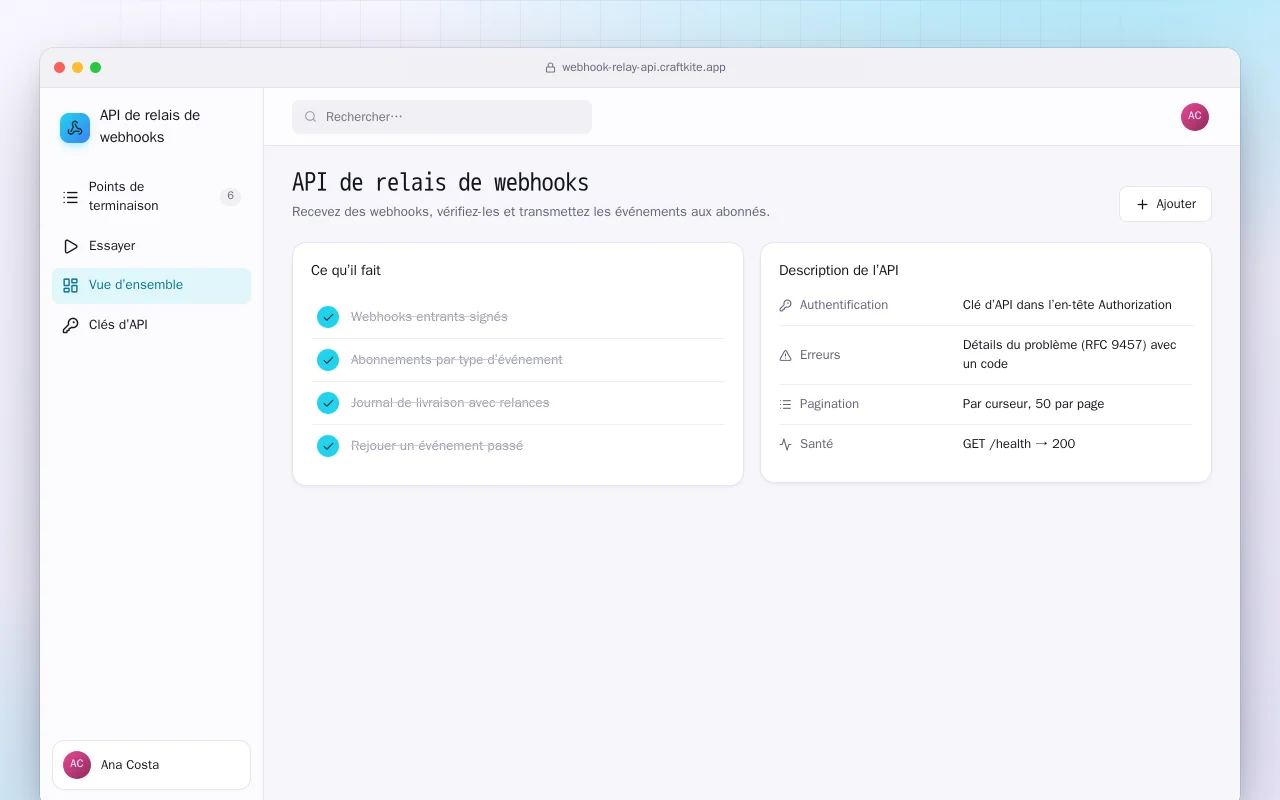 API de relais de webhooks : l’écran API de relais de webhooks