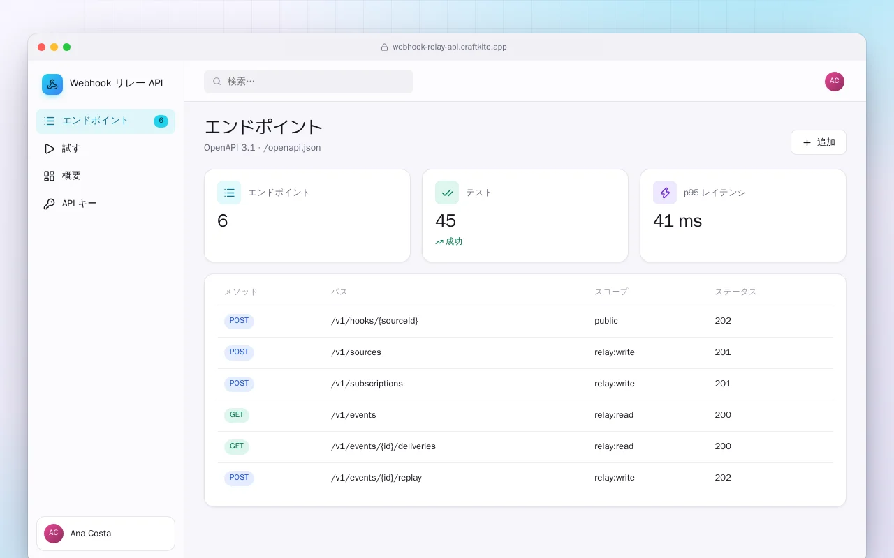 Webhook リレー API：エンドポイント画面