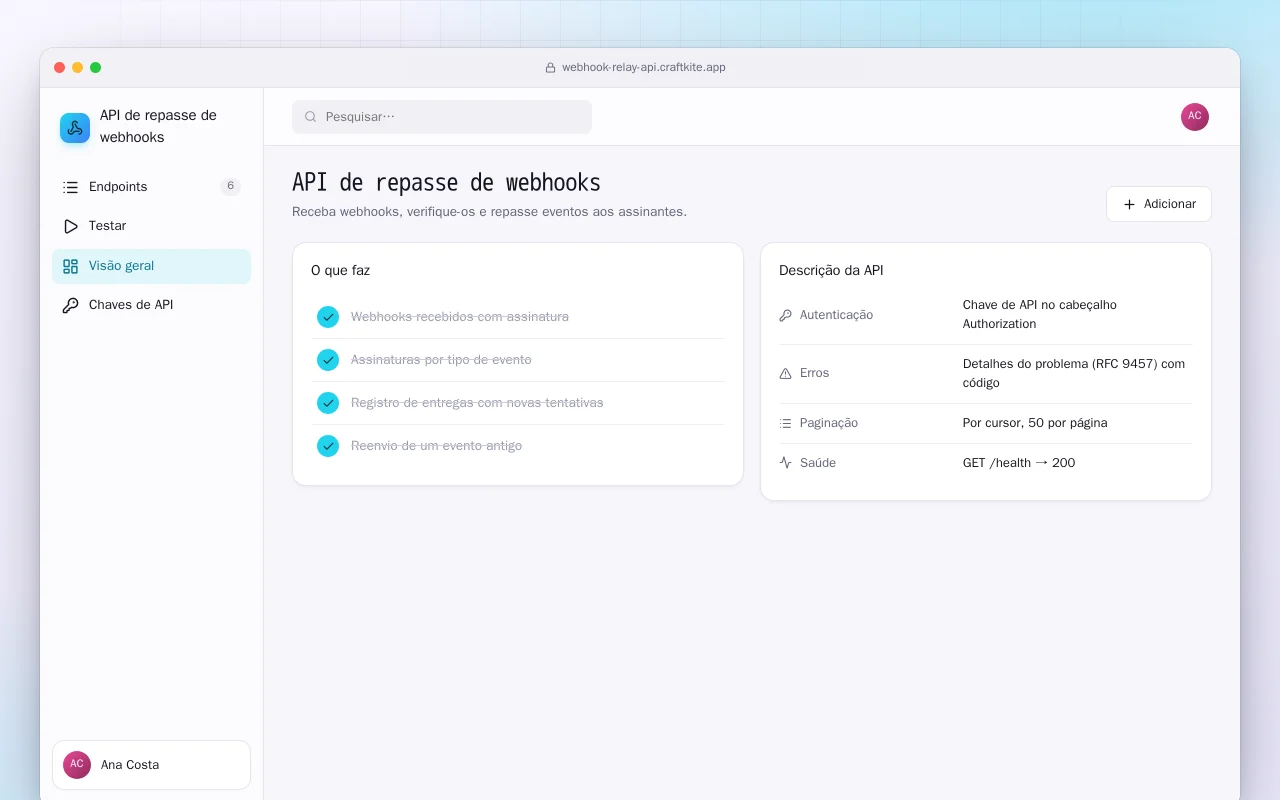 API de repasse de webhooks: a tela API de repasse de webhooks