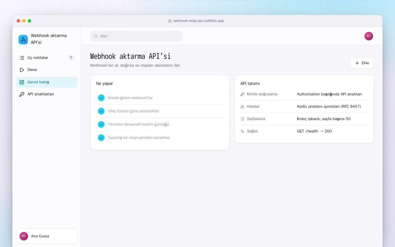 Webhook aktarma API’si: Webhook aktarma API’si ekranı