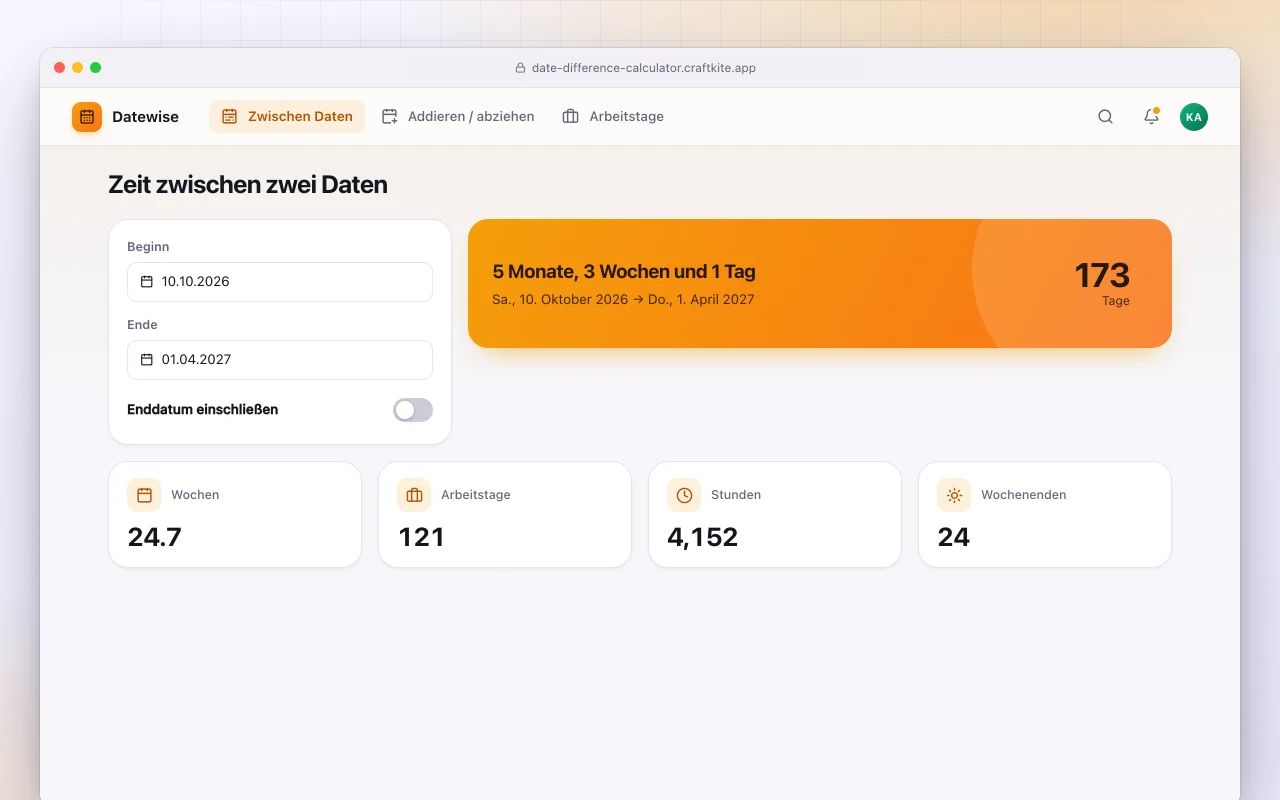 Datumsrechner: der Bildschirm „Zeit zwischen zwei Daten“